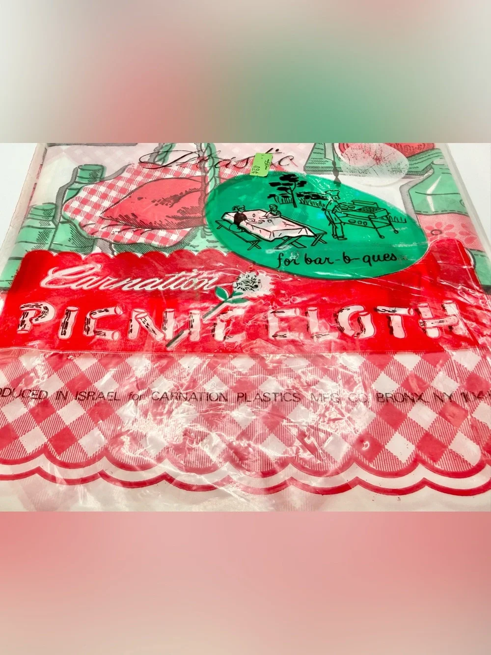 Vintage Carnation Picnic Tablecloth Plastic 54”x 108” Red BBQ Pattern Prop Retro